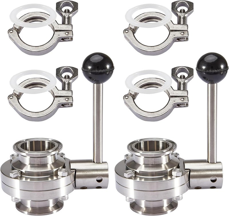 Pindex 2 Pack 1.5 Inch Heavy Duty Butterfly Valves with Pull Handle and 4 Pcs 1.5" 165g Heavy Duty Tri Clamp with Silicone Gasket 304 Stainless Steel Sanitary TC Fittings - Image 1
